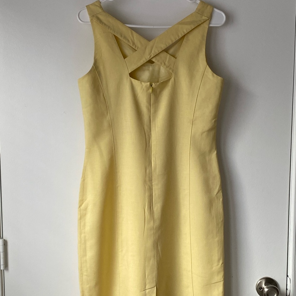 Yellow V-Neck Sheath Criss Cross Back Midi Dress for Cocktail Linen Blend - Picture 2 of 8